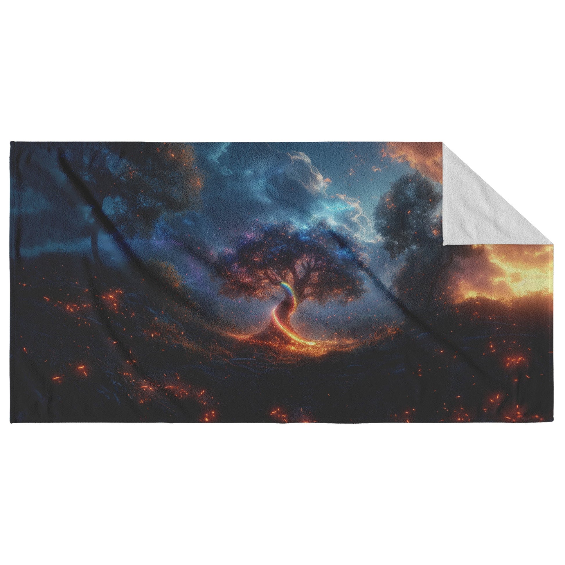 Magical Rainbow Spiraling Around Glowing Crystal Tree Mystical Forest Enchanted Plants Natural Scenery Beach Towel - Awakening Righteousness