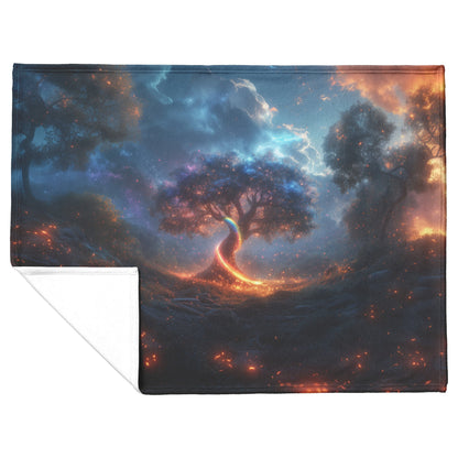 Magical Rainbow Spiraling Around Glowing Crystal Tree Mystical Forest Vibrant Plants Fleece Sherpa Blanket - Awakening Righteousness