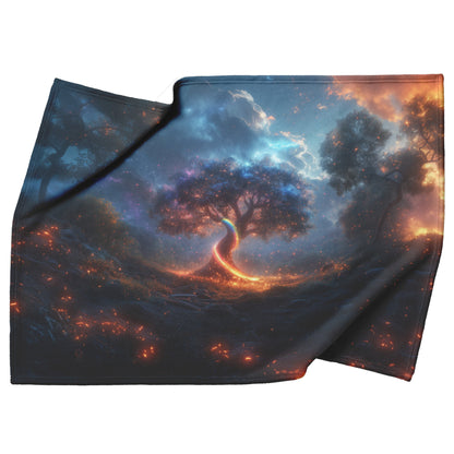 Magical Rainbow Spiraling Around Glowing Crystal Tree Mystical Forest Vibrant Plants Fleece Sherpa Blanket - Awakening Righteousness