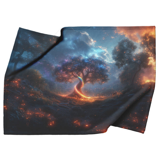Magical Rainbow Spiraling Around Glowing Crystal Tree Mystical Forest Vibrant Plants Fleece Sherpa Blanket - Awakening Righteousness