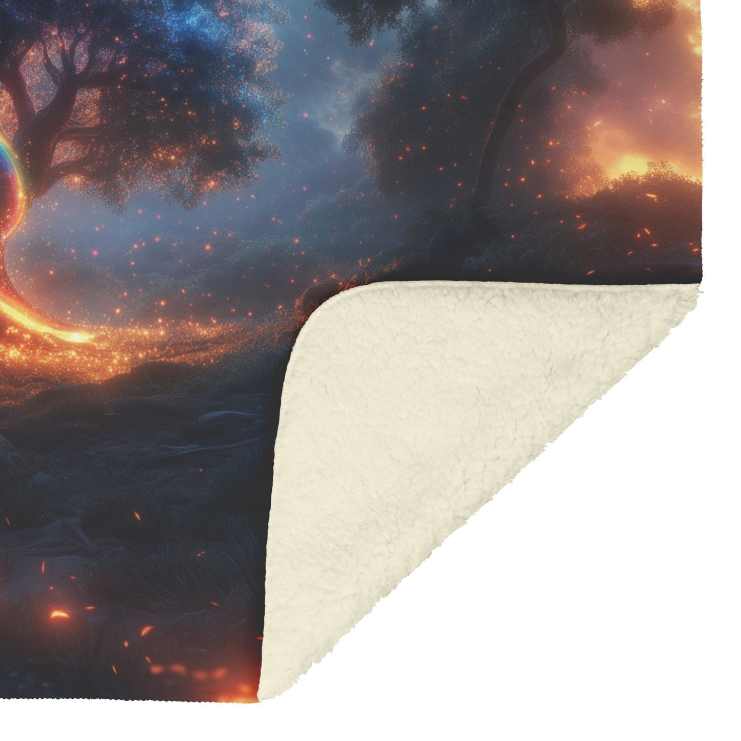 Magical Rainbow Spiraling Around Glowing Crystal Tree Mystical Forest Vibrant Plants Fleece Sherpa Blanket - Awakening Righteousness