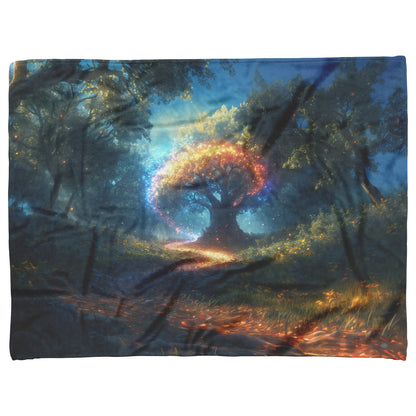 Magical Rainbow Spiraling Around Glowing Crystal Tree Mystical Forest Vibrant Plants Fleece Sherpa Blanket - Awakening Righteousness