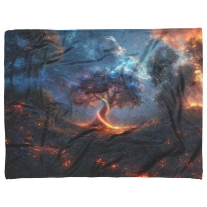 Magical Rainbow Spiraling Around Glowing Crystal Tree Mystical Forest Vibrant Plants Fleece Sherpa Blanket - Awakening Righteousness
