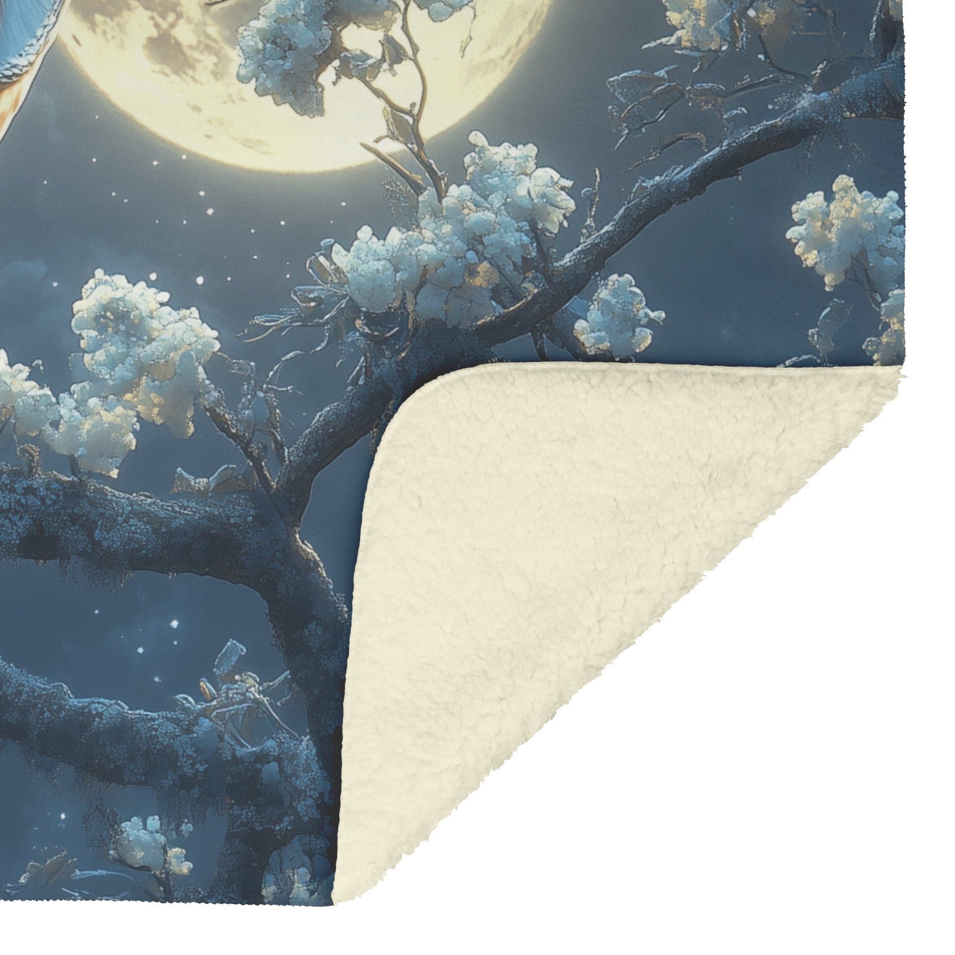 Majestic Barn Owl on Glowing Tree Branch Full Moon Silver Moonlight Fleece Sherpa Blanket - Awakening Righteousness