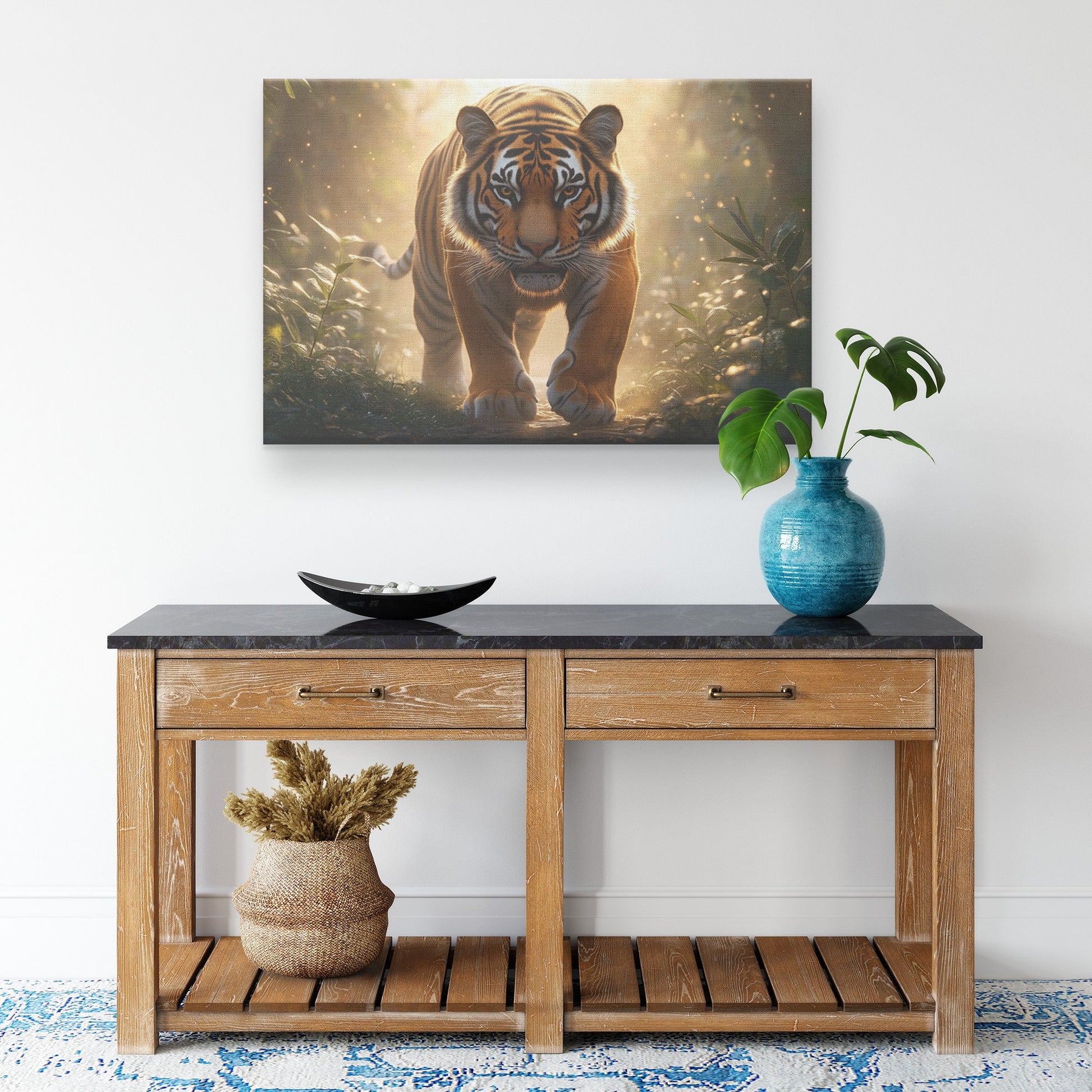 Majestic Bengal Tiger on Glowing Jungle Path Surrounded by Mist and Vibrant Green Plants Under Golden Sunlight Canvas Wall Art Decor - Awakening Righteousness