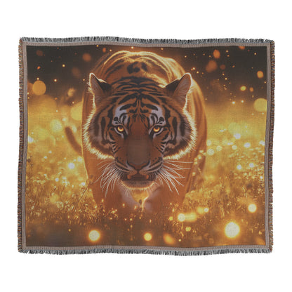Majestic Bengal Tiger on Glowing Jungle Path with Mist Vibrant Green Plants and Golden Sunlight Woven Throw Blanket - Awakening Righteousness