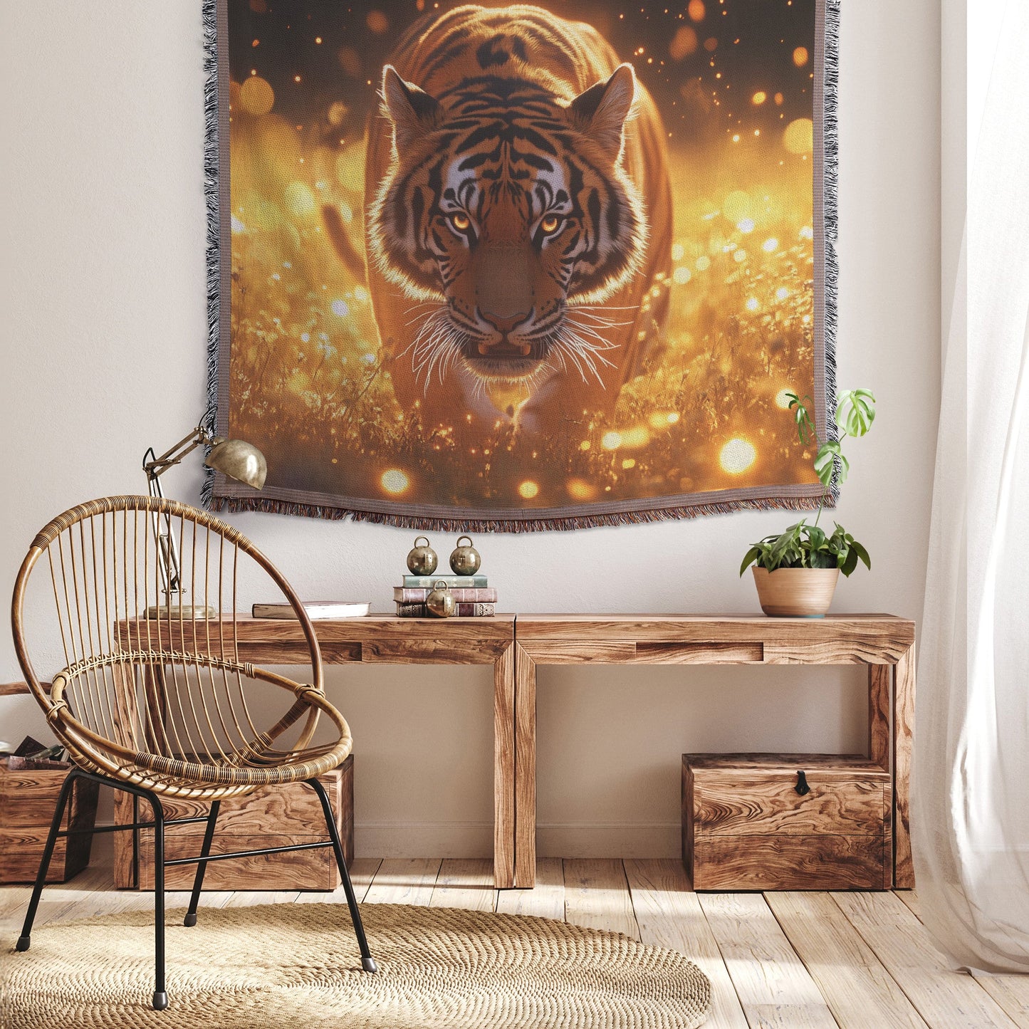 Majestic Bengal Tiger on Glowing Jungle Path with Mist Vibrant Green Plants and Golden Sunlight Woven Throw Blanket - Awakening Righteousness
