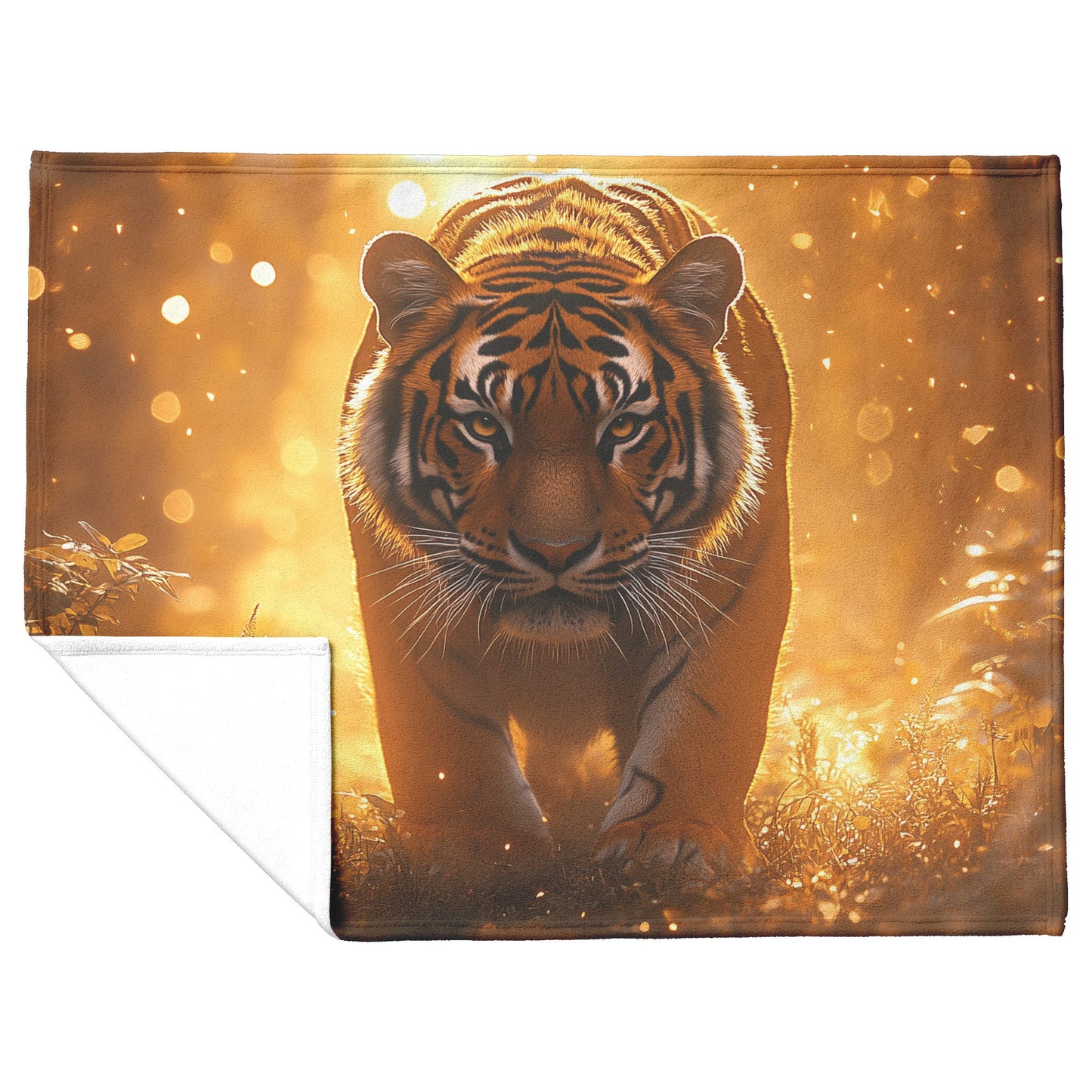 Majestic Bengal Tiger on Jungle Path Sherpa Fleece Blanket Glowing Mist Vibrant Green Plants Golden Sunlight Scene - Awakening Righteousness