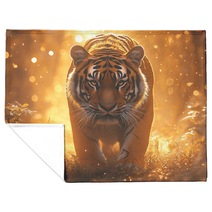 Majestic Bengal Tiger on Jungle Path Sherpa Fleece Blanket Glowing Mist Vibrant Green Plants Golden Sunlight Scene - Awakening Righteousness