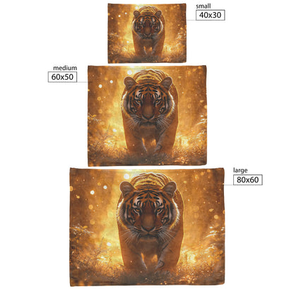 Majestic Bengal Tiger on Jungle Path Sherpa Fleece Blanket Glowing Mist Vibrant Green Plants Golden Sunlight Scene - Awakening Righteousness