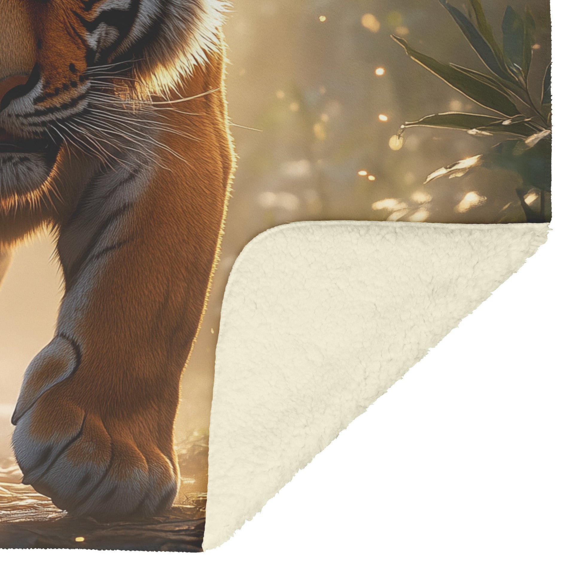 Majestic Bengal Tiger on Jungle Path Sherpa Fleece Blanket Glowing Mist Vibrant Green Plants Golden Sunlight Scene - Awakening Righteousness