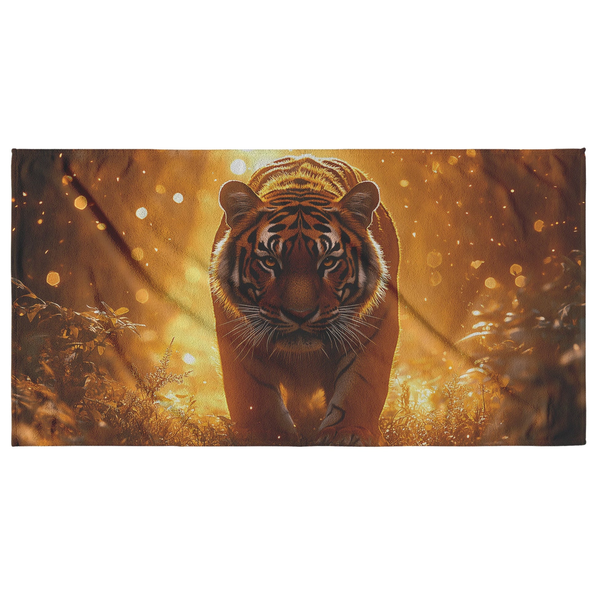Majestic Bengal Tiger Standing on Glowing Jungle Path Surrounded by Mist Green Plants and Golden Sunlight Beach Towel - Awakening Righteousness
