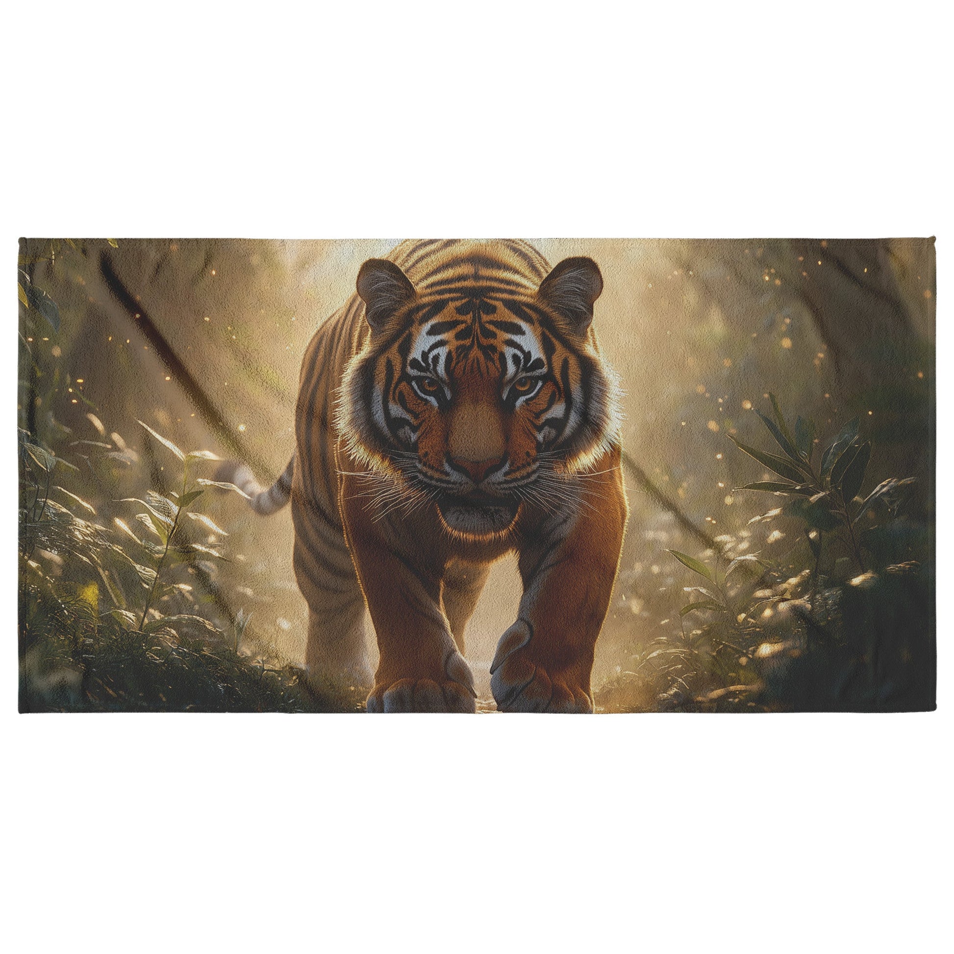 Majestic Bengal Tiger Standing on Glowing Jungle Path Surrounded by Mist Green Plants and Golden Sunlight Beach Towel - Awakening Righteousness