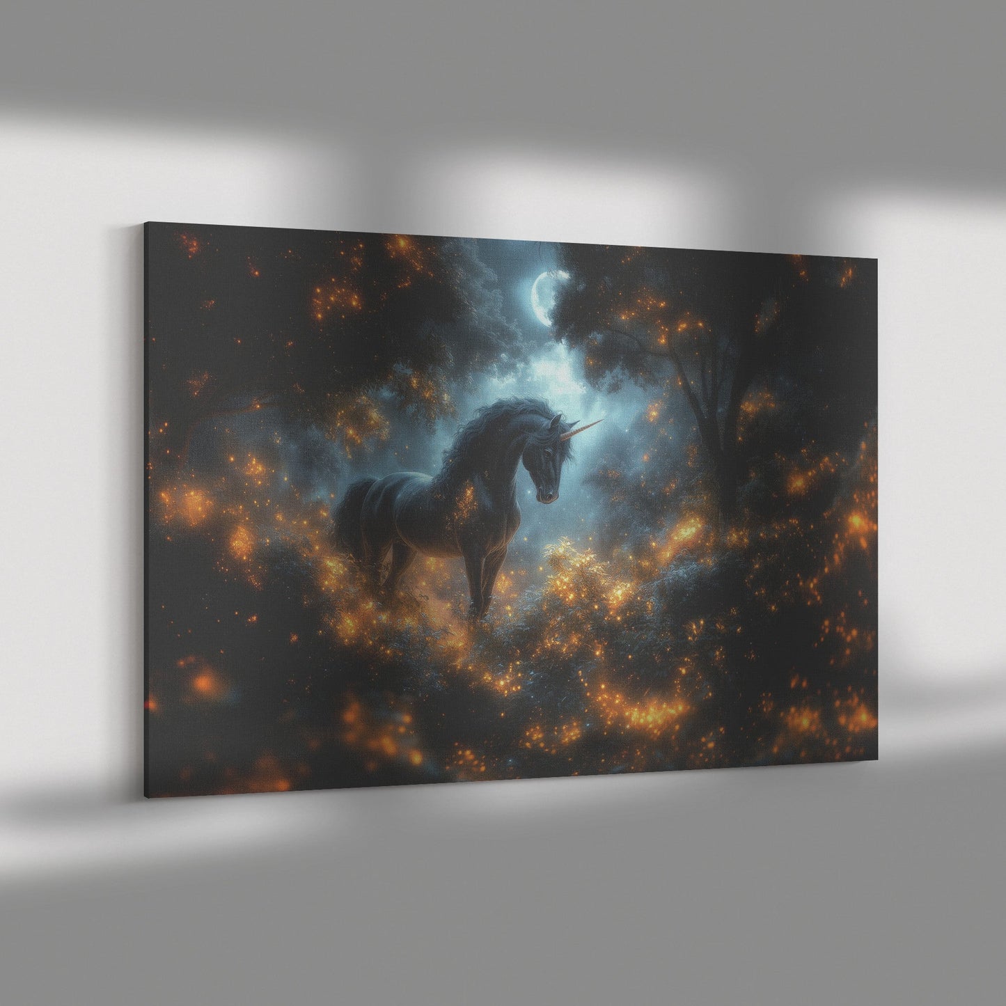 Majestic Black Unicorn in Glowing Forest Surrounded by Vibrant Plants and Misty Moonlight Canvas Wall Art Decor - Awakening Righteousness