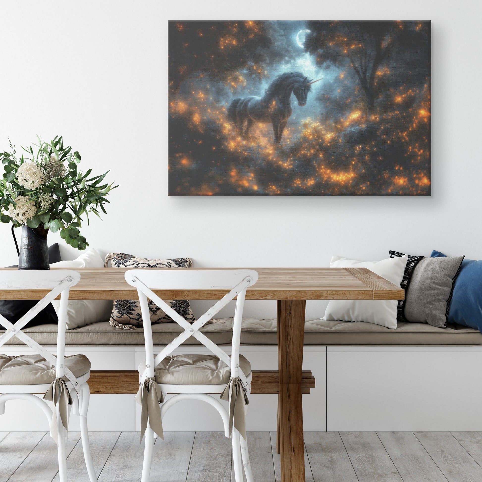 Majestic Black Unicorn in Glowing Forest Surrounded by Vibrant Plants and Misty Moonlight Canvas Wall Art Decor - Awakening Righteousness
