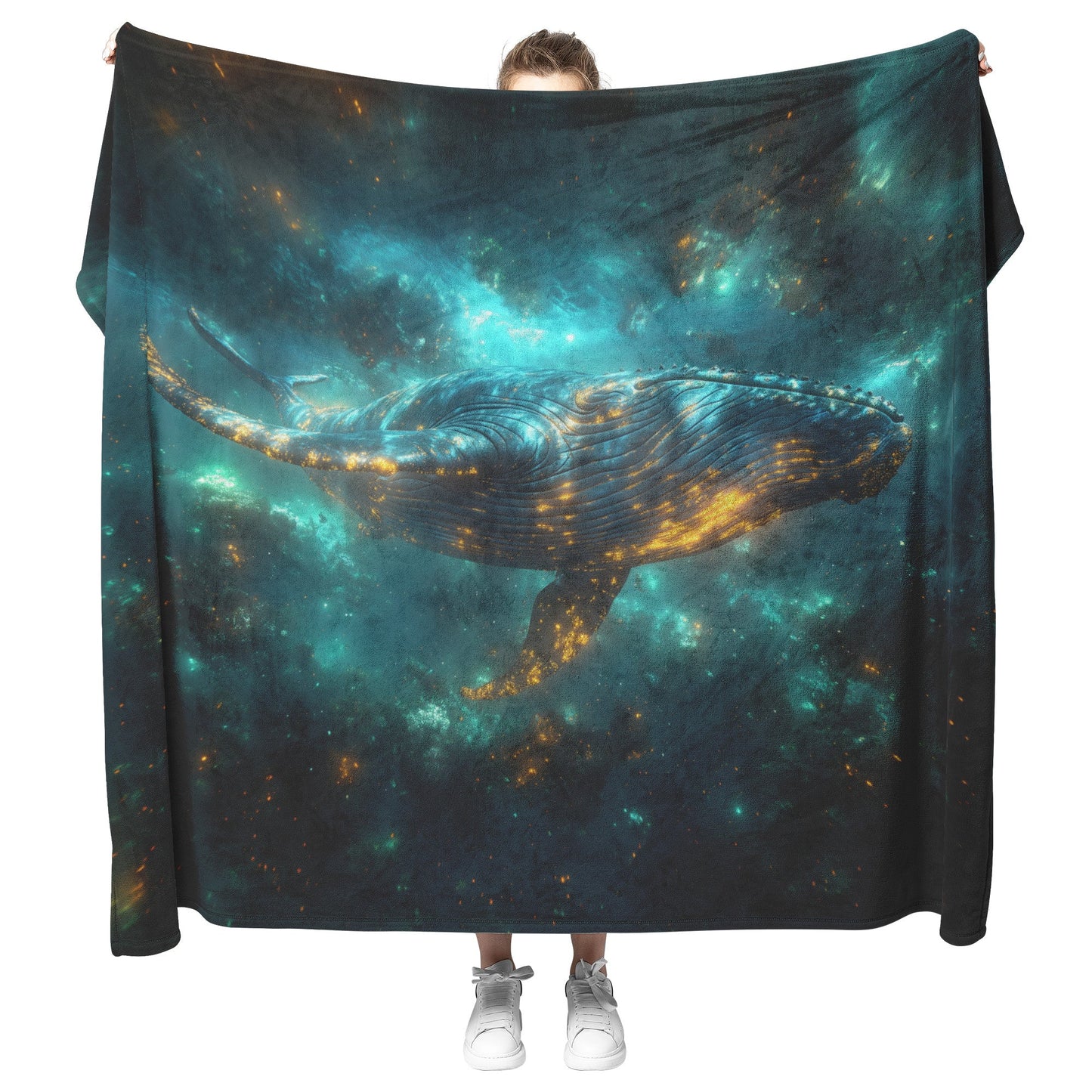 Majestic Blue Whale Swimming Through Glowing Bioluminescent Ocean Twilight Sky Soft Blue Green Light Fleece Sherpa Blanket - Awakening Righteousness