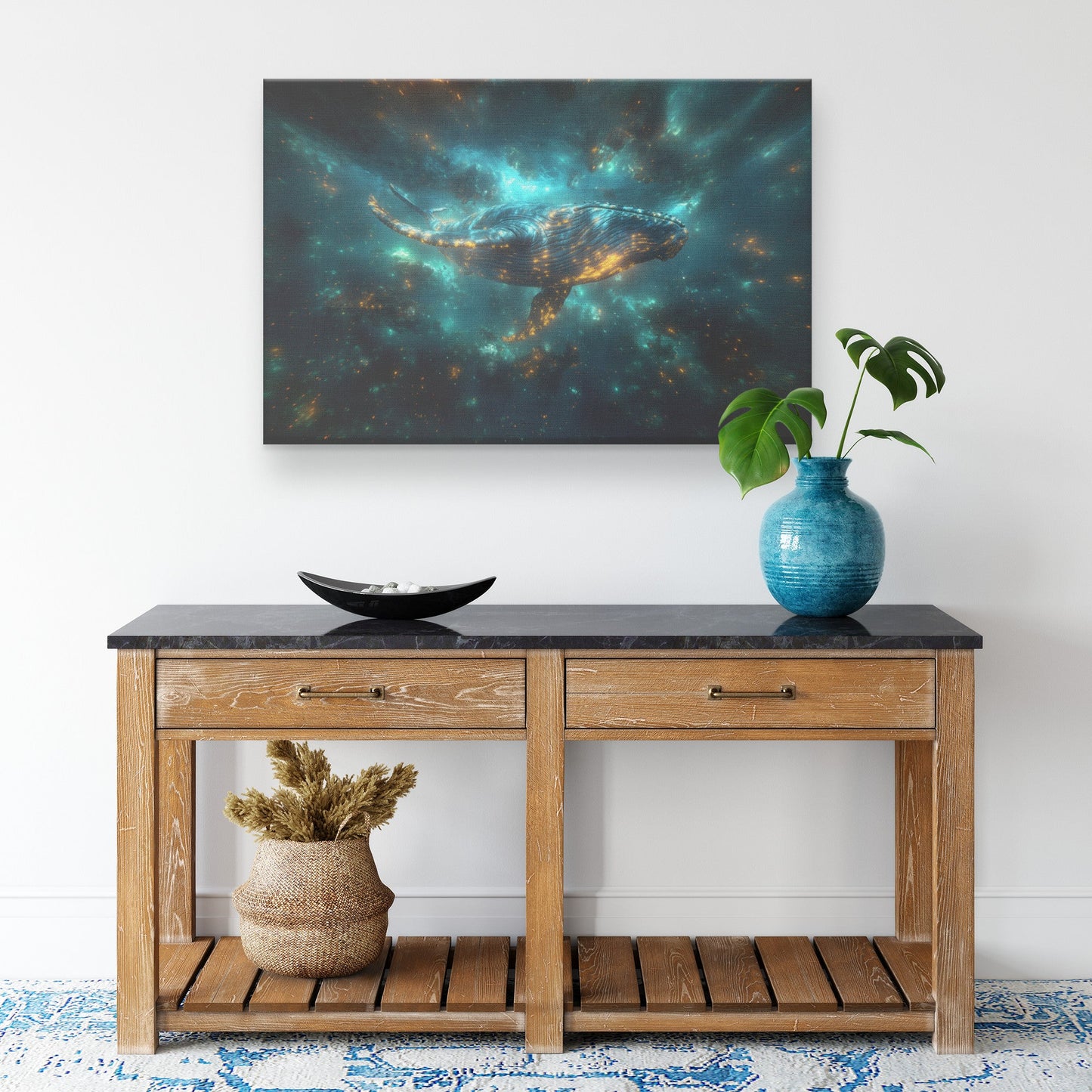 Majestic Blue Whale Swimming Through Glowing Bioluminescent Ocean Under Twilight Sky Canvas Wall Art Decor - Awakening Righteousness