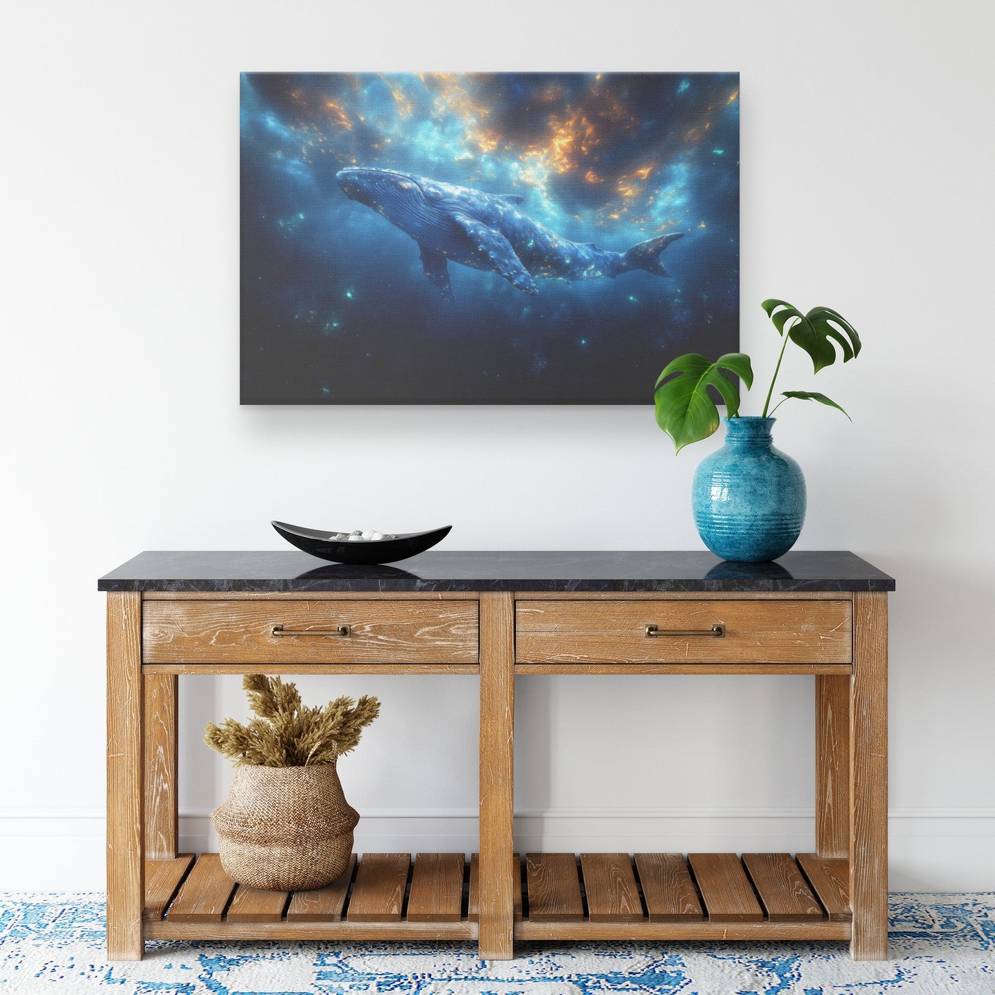 Majestic Blue Whale Swimming Through Glowing Bioluminescent Ocean Under Twilight Sky Canvas Wall Art Decor - Awakening Righteousness