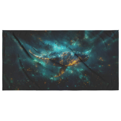 Majestic Blue Whale Swimming Through Glowing Bioluminescent Ocean Waters Under a Twilight Sky Beach Towel - Awakening Righteousness