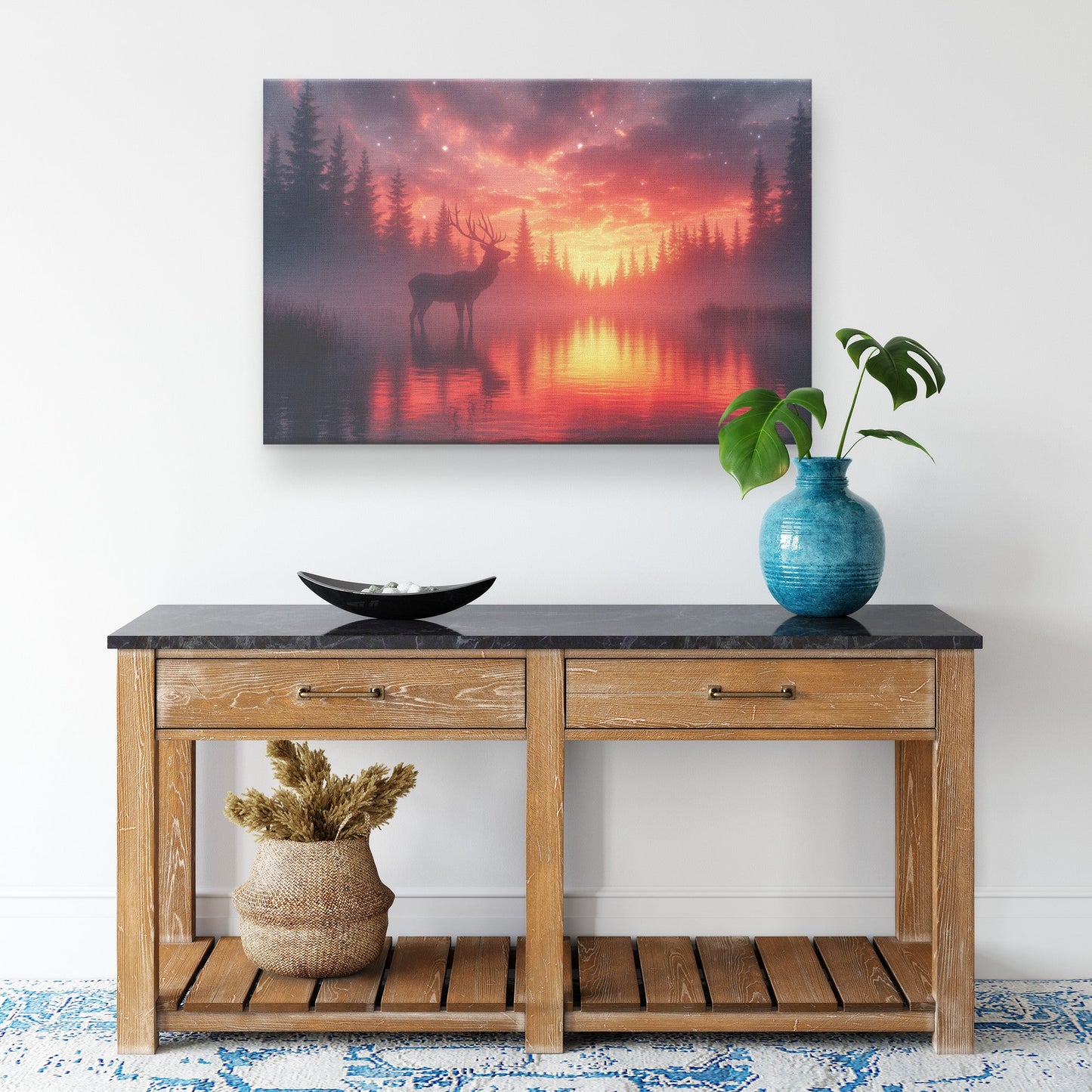 Majestic Deer Canvas Wall Art Decor Silhouetted Against Glowing Twilight Sky with Stars and Silver Forest Light - Awakening Righteousness