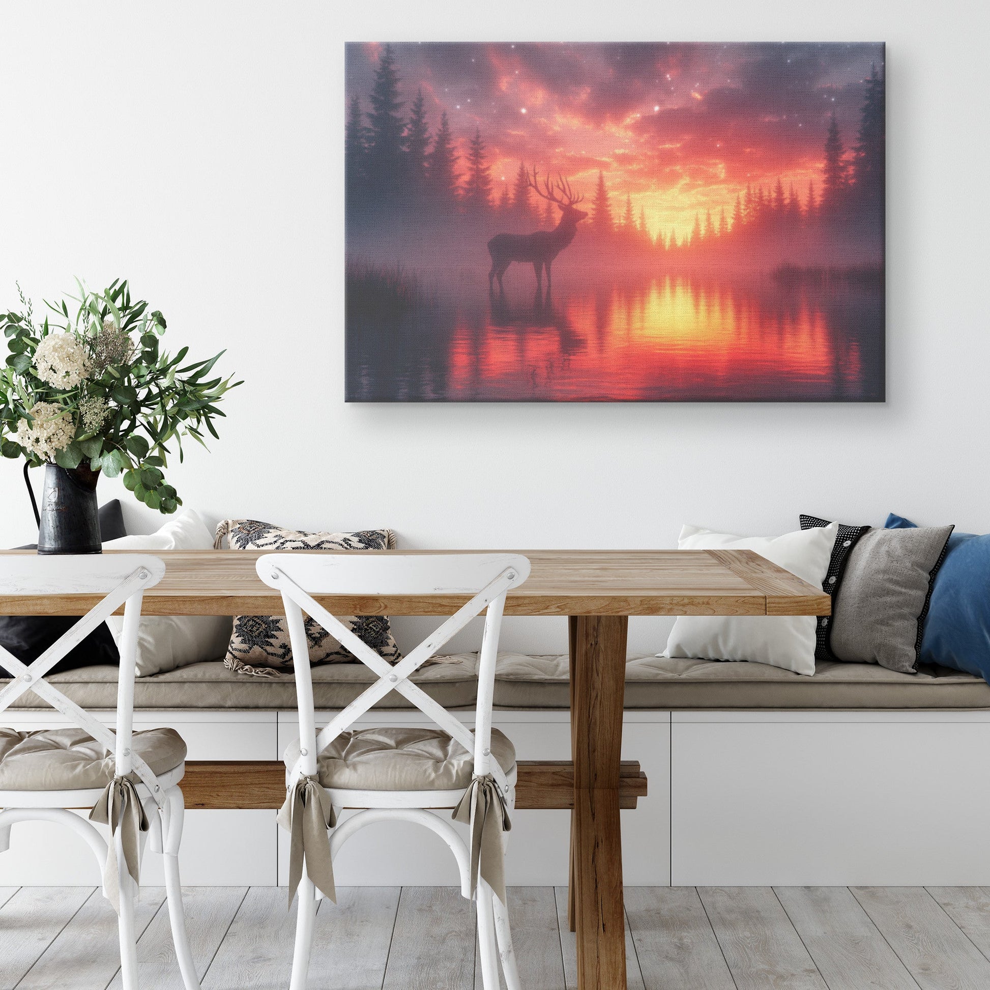 Majestic Deer Canvas Wall Art Decor Silhouetted Against Glowing Twilight Sky with Stars and Silver Forest Light - Awakening Righteousness