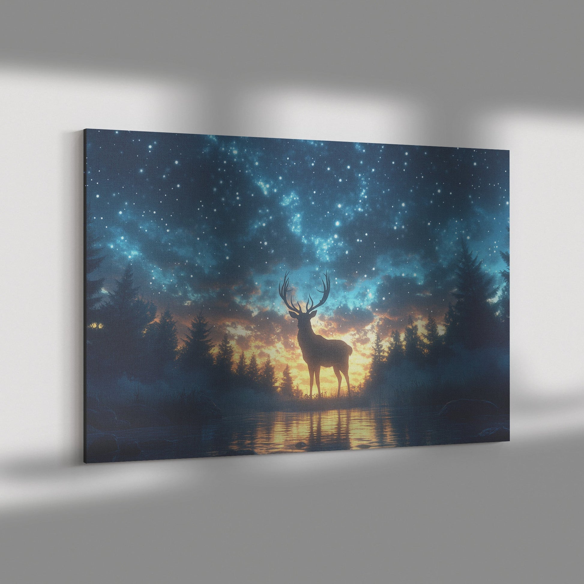 Majestic Deer Silhouette Glowing Twilight Sky Starry Forest Silver Light Serene Ethereal Canvas Wall Art - Awakening Righteousness