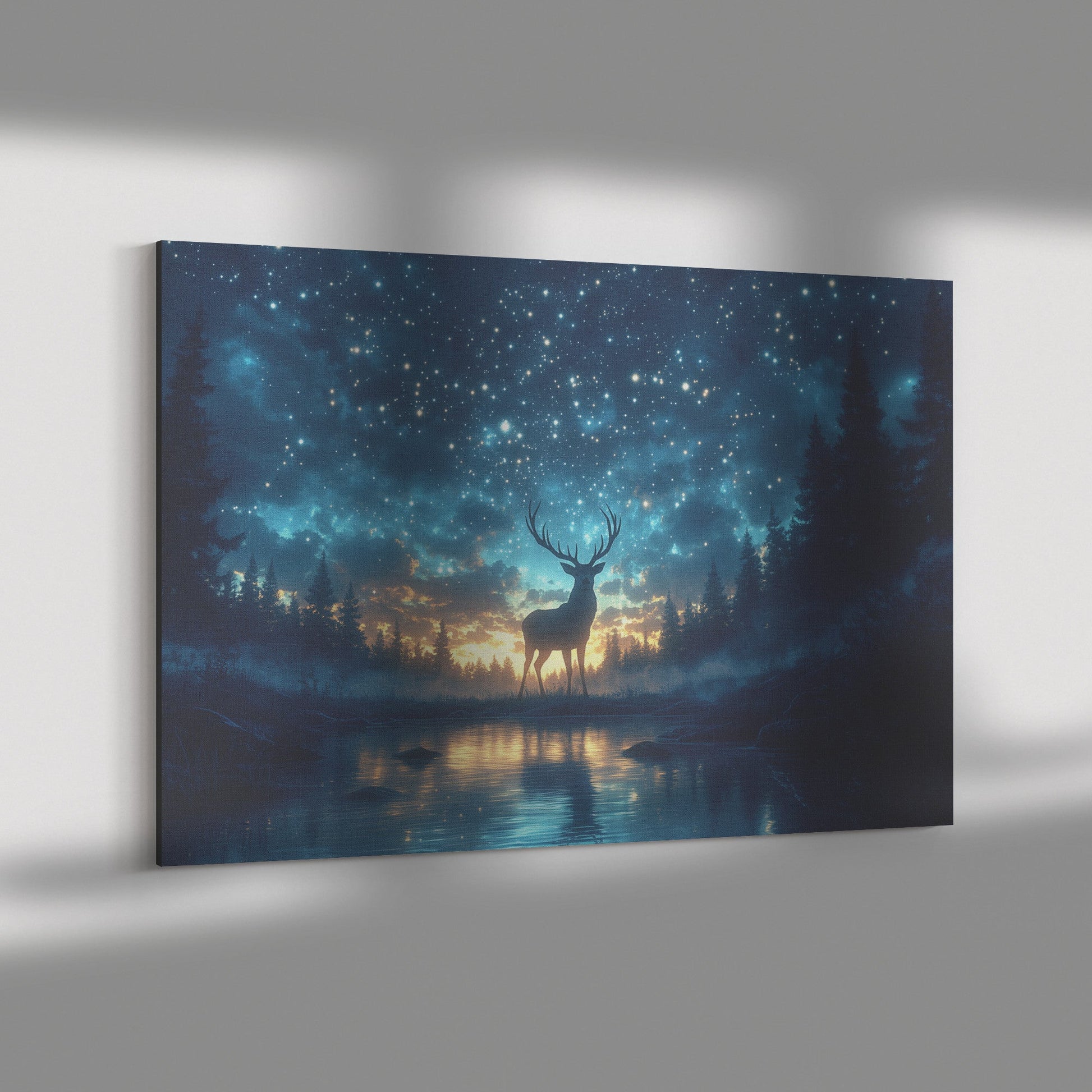 Majestic Deer Silhouette Glowing Twilight Sky Starry Forest Silver Light Serene Ethereal Canvas Wall Art - Awakening Righteousness