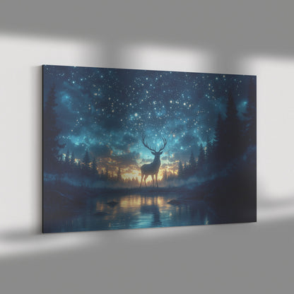 Majestic Deer Silhouette Glowing Twilight Sky Starry Forest Silver Light Serene Ethereal Canvas Wall Art - Awakening Righteousness