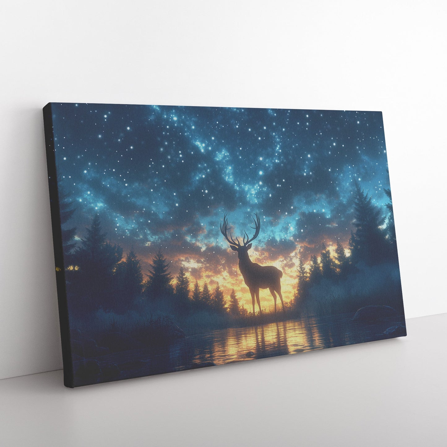 Majestic Deer Silhouette Glowing Twilight Sky Starry Forest Silver Light Serene Ethereal Canvas Wall Art - Awakening Righteousness