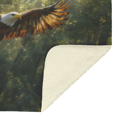 Majestic Eagle Soaring Above the Forest Cozy Fleece Sherpa Blanket - Awakening Righteousness