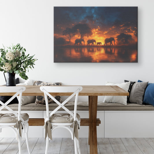 Majestic Elephant in Glowing Golden Savanna Under Vibrant Orange Sunset with Dust Illuminated Canvas Wall Art Decor - Awakening Righteousness