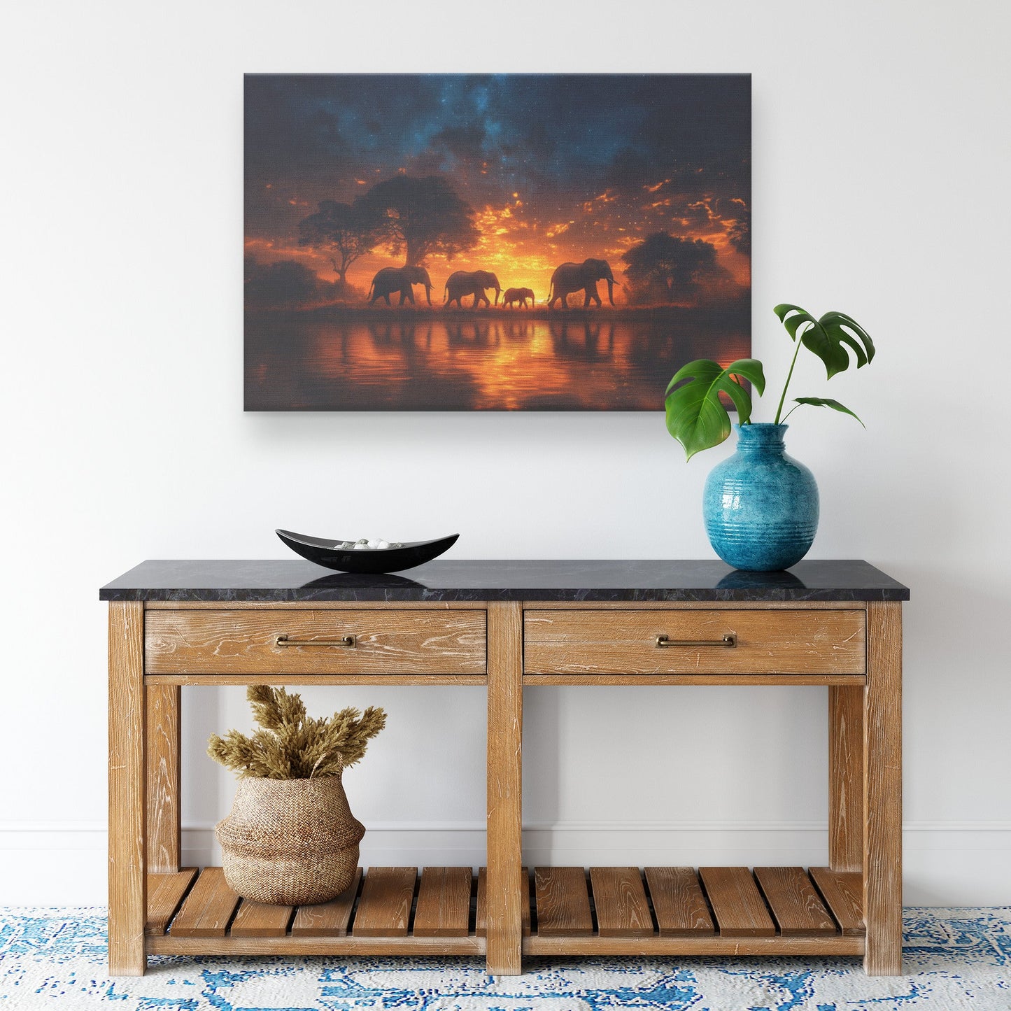 Majestic Elephant in Glowing Golden Savanna Under Vibrant Orange Sunset with Dust Illuminated Canvas Wall Art Decor - Awakening Righteousness