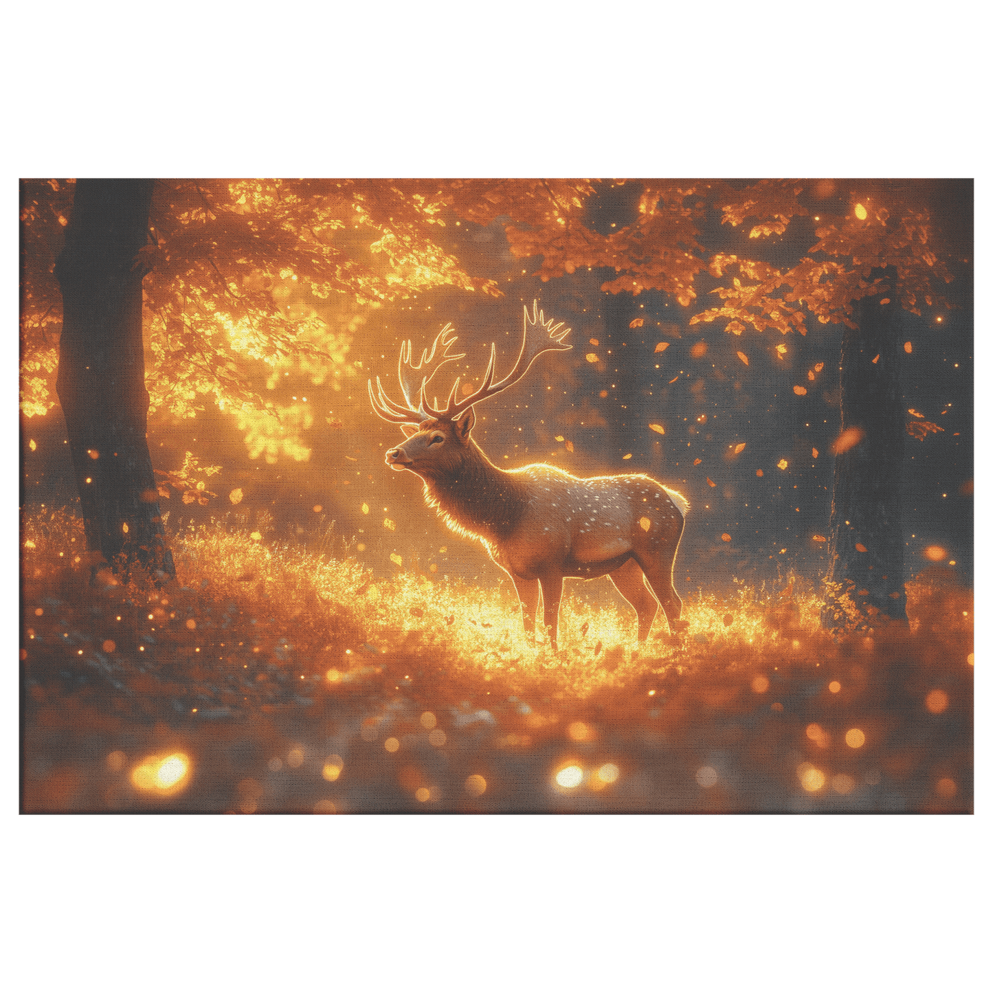 Majestic Elk In Glowing Autumn Forest Surrounded By Golden Leaves And Morning Mist With Sunlit Antlers Canvas Wall Art Decor - Awakening Righteousness