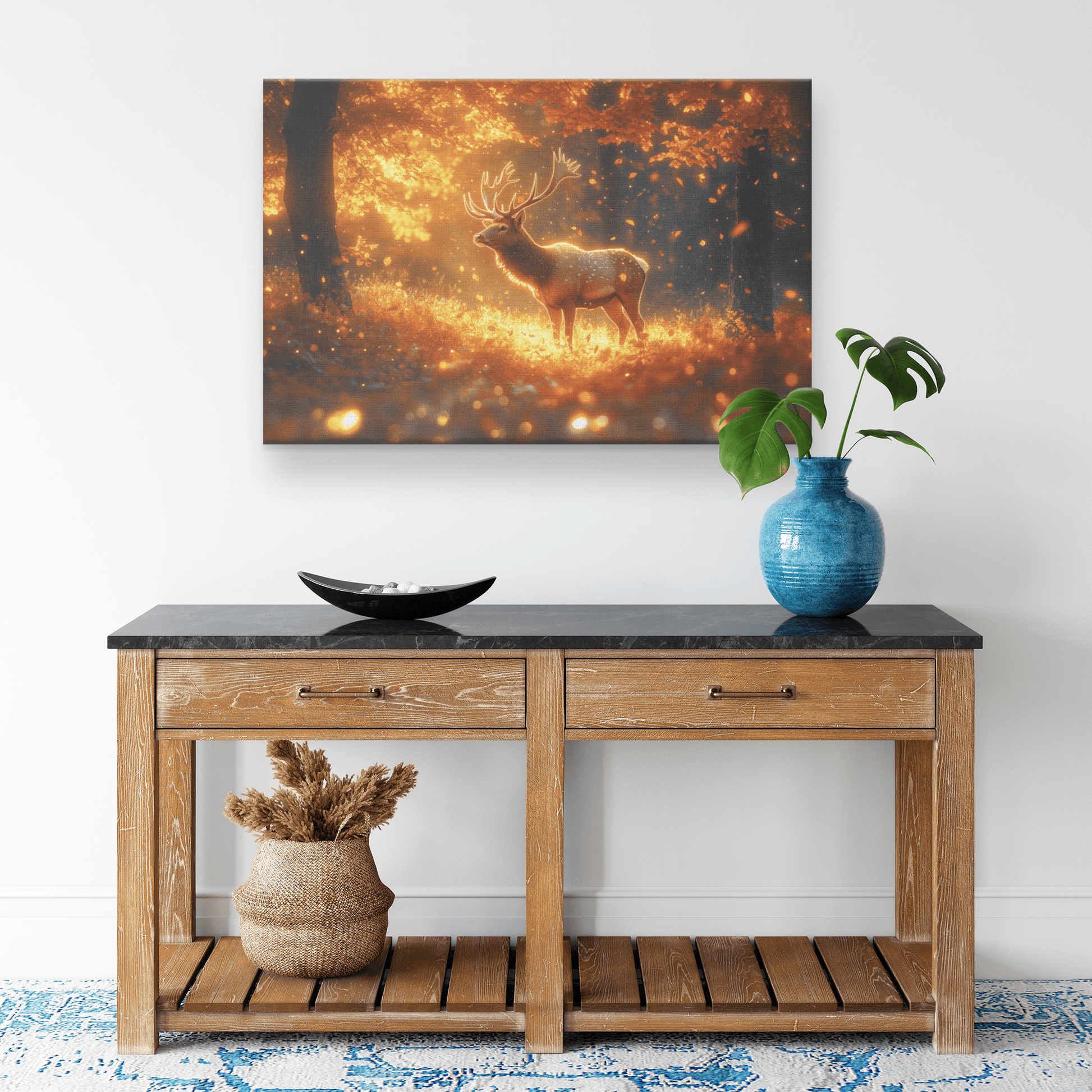 Majestic Elk In Glowing Autumn Forest Surrounded By Golden Leaves And Morning Mist With Sunlit Antlers Canvas Wall Art Decor - Awakening Righteousness