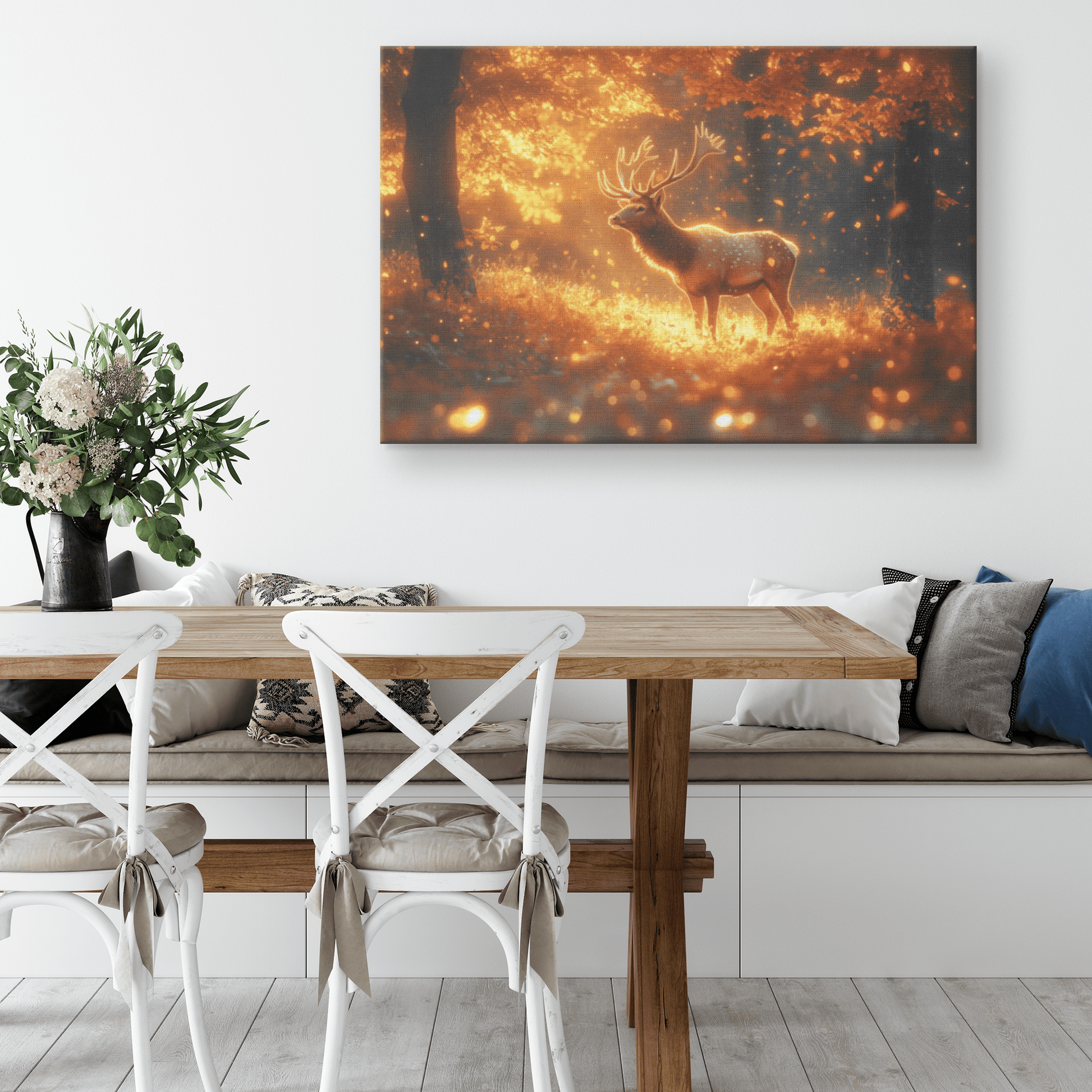 Majestic Elk In Glowing Autumn Forest Surrounded By Golden Leaves And Morning Mist With Sunlit Antlers Canvas Wall Art Decor - Awakening Righteousness