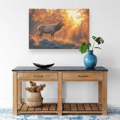 Majestic Elk On Mossy Forest Ridge With Golden Sunlight Beaming Through Dense Ancient Trees Canvas Wall Art Decor - Awakening Righteousness