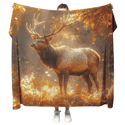 Majestic Elk Standing in Glowing Autumn Forest Surrounded by Golden Leaves and Mist With Sunlit Antlers Fleece Sherpa Blanket - Awakening Righteousness