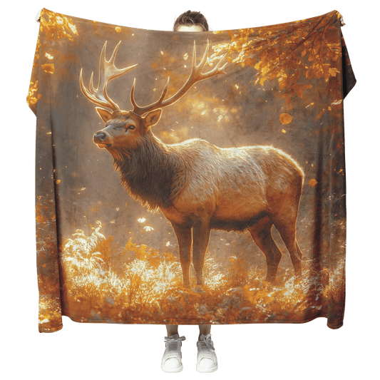 Majestic Elk Standing in Glowing Autumn Forest Surrounded by Golden Leaves and Mist With Sunlit Antlers Fleece Sherpa Blanket - Awakening Righteousness
