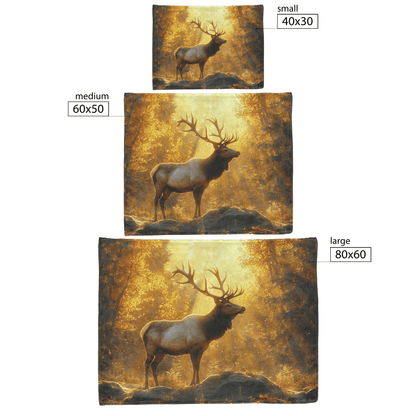 Majestic Elk Standing on Mossy Forest Ridge Surrounded by Golden Sunlight Beams Through Dense Ancient Trees Fleece Sherpa Blanket - Awakening Righteousness