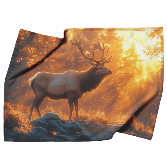 Majestic Elk Standing on Mossy Forest Ridge Surrounded by Golden Sunlight Filtering Through Ancient Trees Fleece Sherpa Blanket - Awakening Righteousness