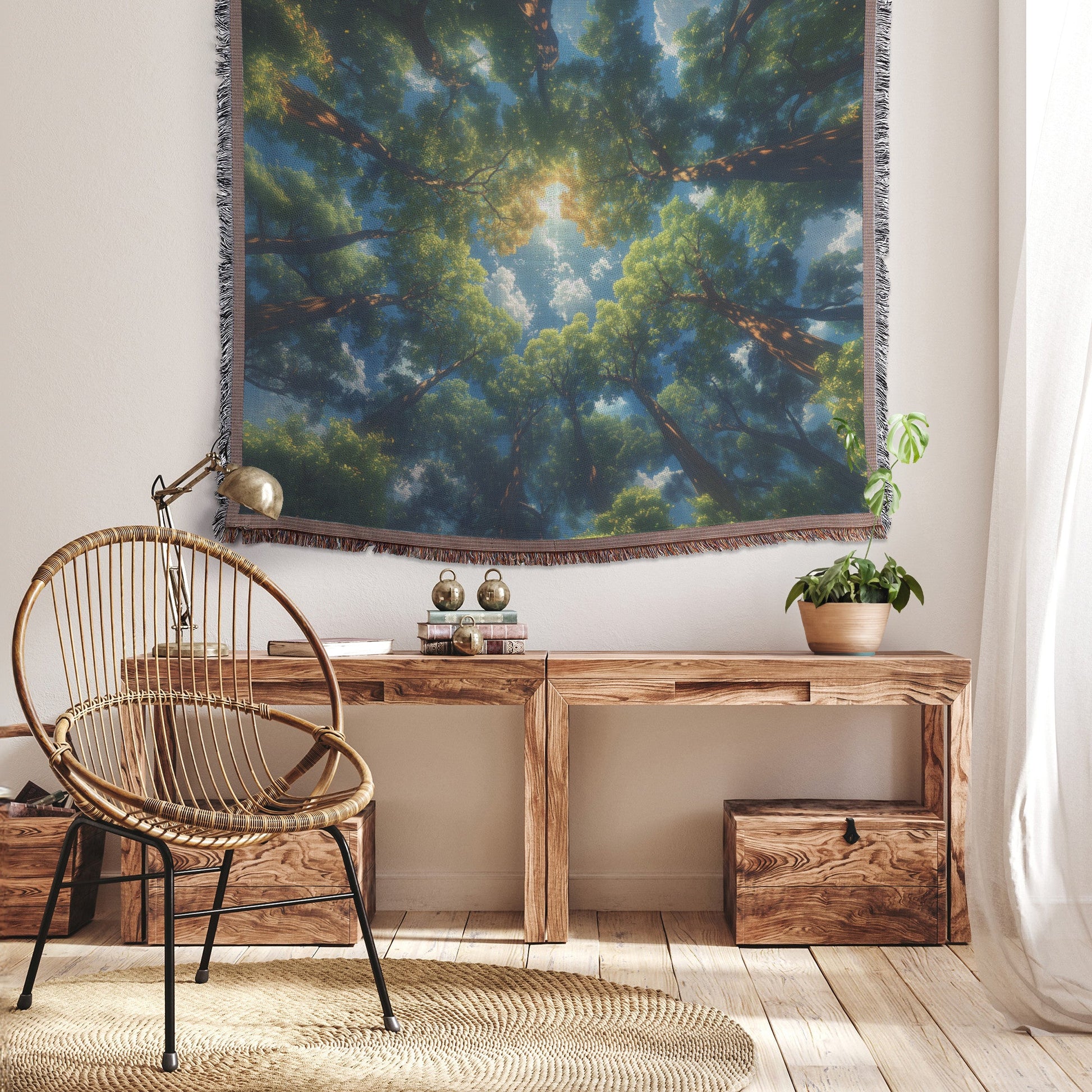 Majestic Forest Canopy Woven Throw Blanket Featuring Sunlit Trees and Lush Green Foliage for Cozy Nature Inspired Decor - Awakening Righteousness