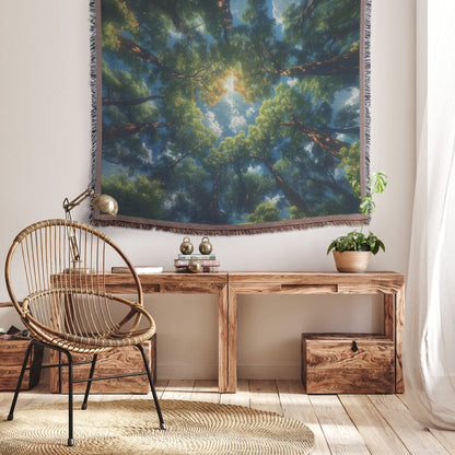Majestic Forest Canopy Woven Throw Blanket Featuring Sunlit Trees and Lush Green Foliage for Cozy Nature Inspired Decor - Awakening Righteousness