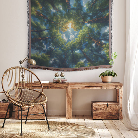 Majestic Forest Canopy Woven Throw Blanket Featuring Sunlit Trees and Lush Green Foliage for Cozy Nature Inspired Decor - Awakening Righteousness