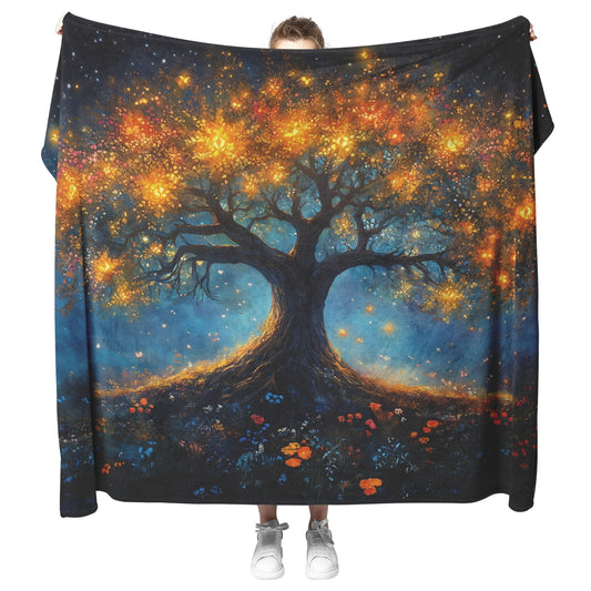 Majestic Glowing Tree of Life with Floral Meadow Fleece Sherpa Blanket Christian Home Decor for Comfort and Inspiration - Awakening Righteousness