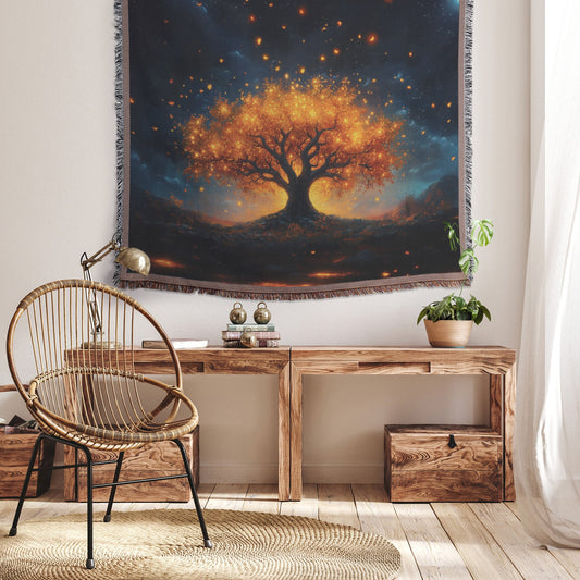 Majestic Glowing Tree Woven Throw Blanket Golden Leaves Under Starry Night Sky Perfect for Cozy Home Decor - Awakening Righteousness