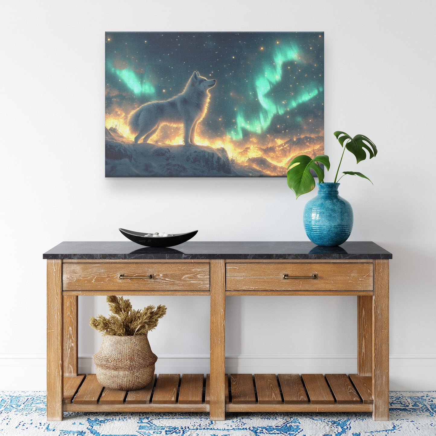 Majestic Iberian Husky Canvas Wall Art Decor on Snowy Mountain Peak Under Glowing Northern Lights with Intricate Fur - Awakening Righteousness