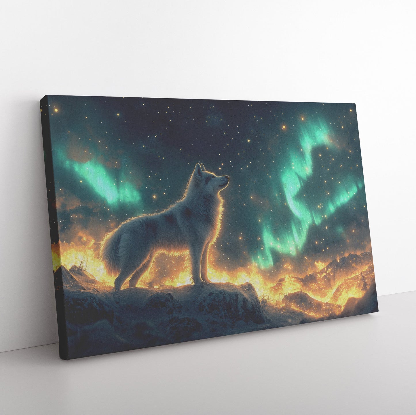 Majestic Iberian Husky Canvas Wall Art Decor on Snowy Mountain Peak Under Glowing Northern Lights with Intricate Fur - Awakening Righteousness