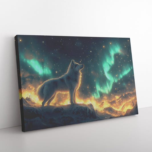 Majestic Iberian Husky Canvas Wall Art Decor on Snowy Mountain Peak Under Glowing Northern Lights with Intricate Fur - Awakening Righteousness