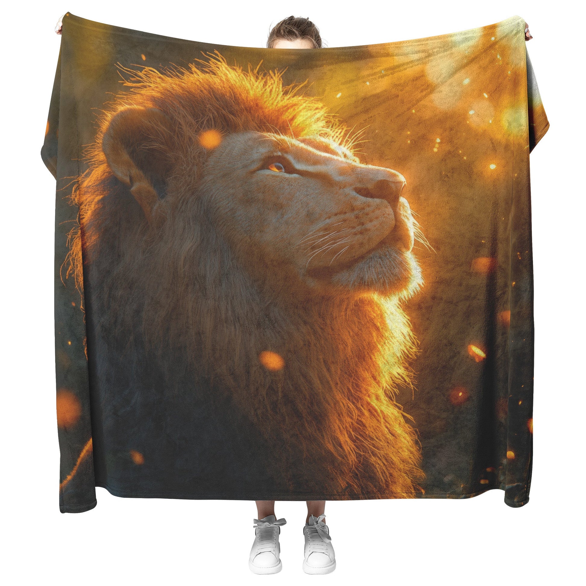 Majestic Lion Golden Mane Sunset Fireflies Fleece Sherpa Blanket Cozy Wildlife Blanket - Awakening Righteousness