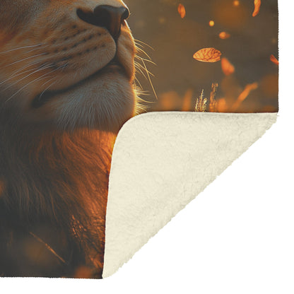 Majestic Lion in Sunlit Savannah Sherpa Fleece Blanket - Awakening Righteousness